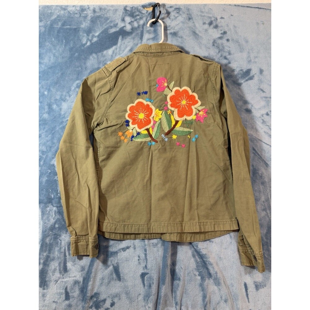 Lucky Brand Embroidered Flowers Utility Military Jacket Olive Green Medium